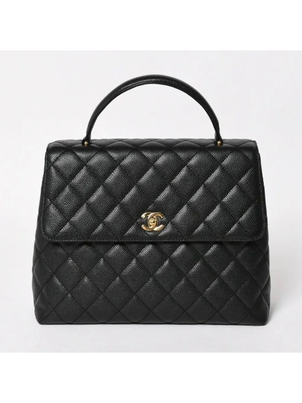 Chanel Quilted CC Logo CC Handbag Top Handle Turnlock Caviar Leather Black Gold